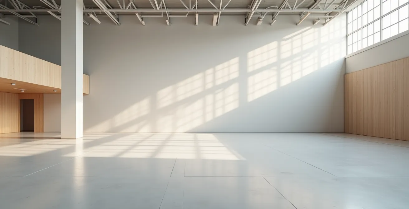 Espace intérieur minimaliste du parc de trampolines avec architecture épurée et lumière douce