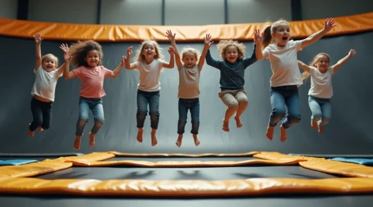 Famille multi-générations sautant ensemble joyeusement sur trampoline
