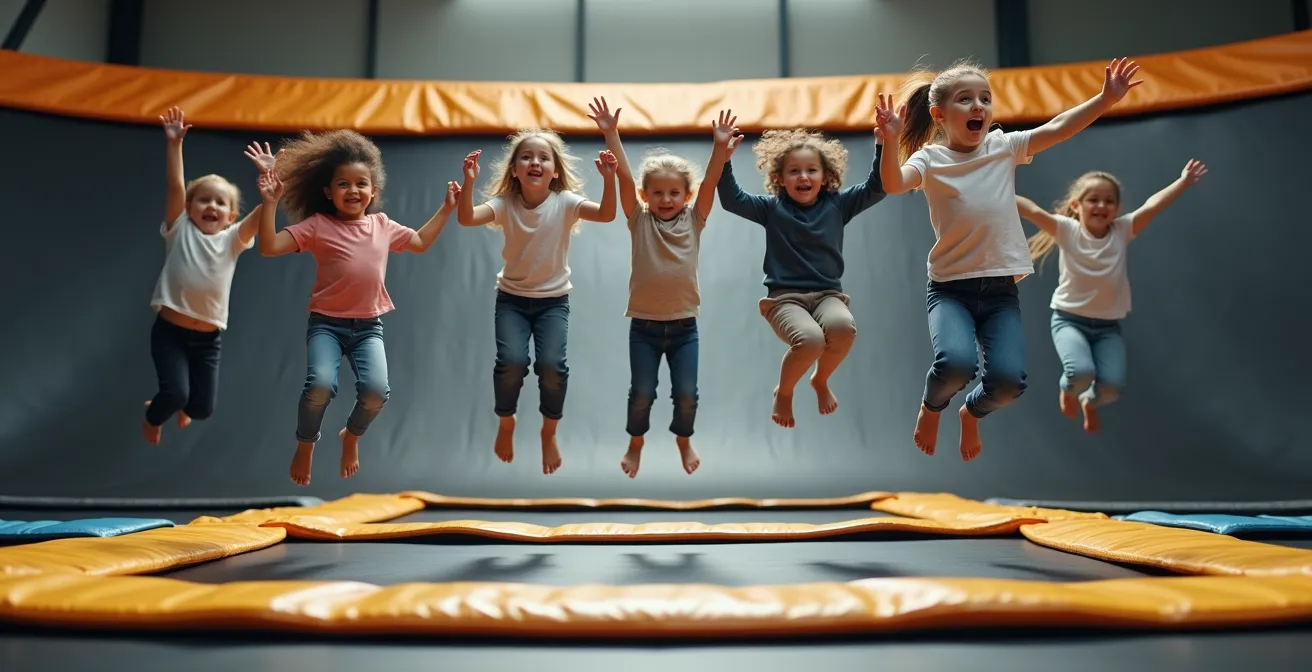 Famille multi-générations sautant ensemble joyeusement sur trampoline