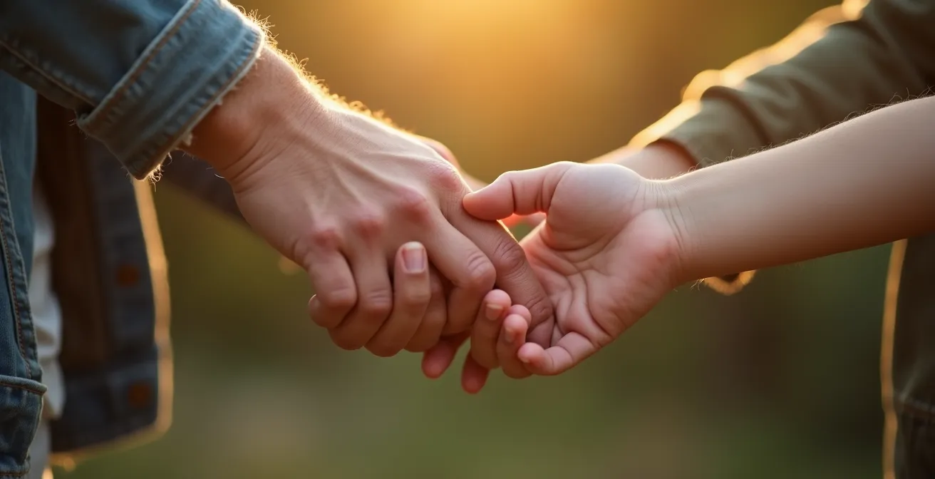 Mains jointes de différents âges symbolisant l'unité familiale et la confiance partagée