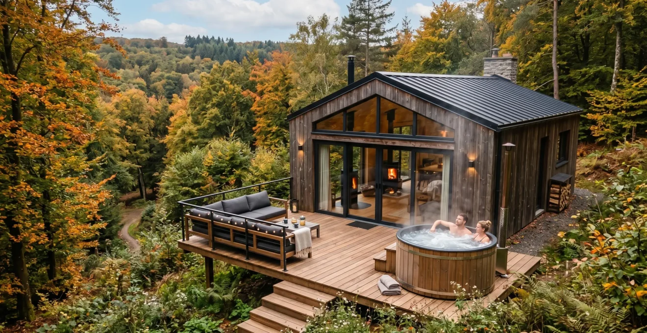Chalet en bois contemporain avec terrasse en bois et jacuzzi extérieur entouré de forêt ardennaise