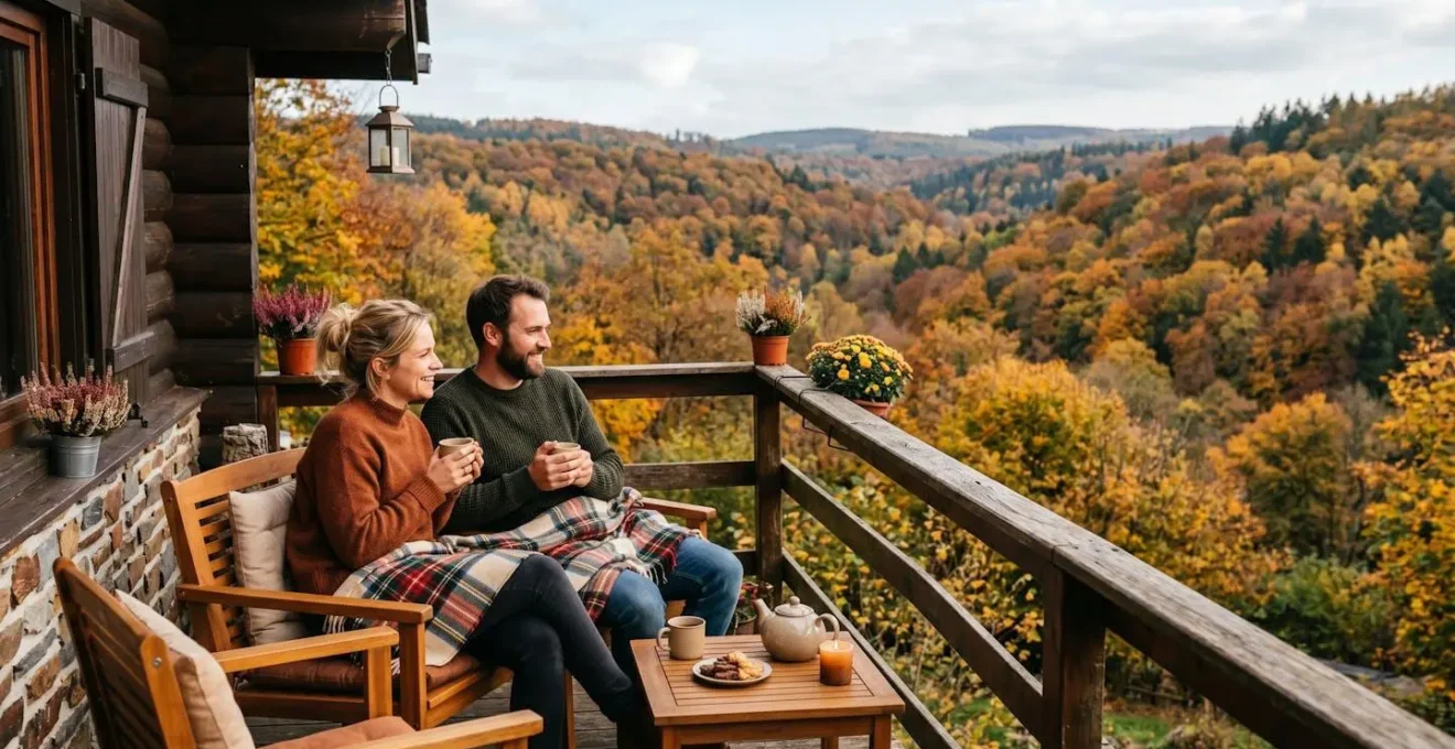 Couple assis sur la terrasse d'un chalet en bois dans les Ardennes belges en automne, vue sur forêt colorée