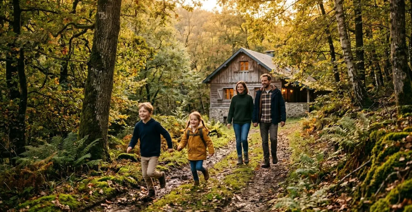 Famille belge se promenant en forêt ardennaise près d'un chalet en bois au coucher du soleil