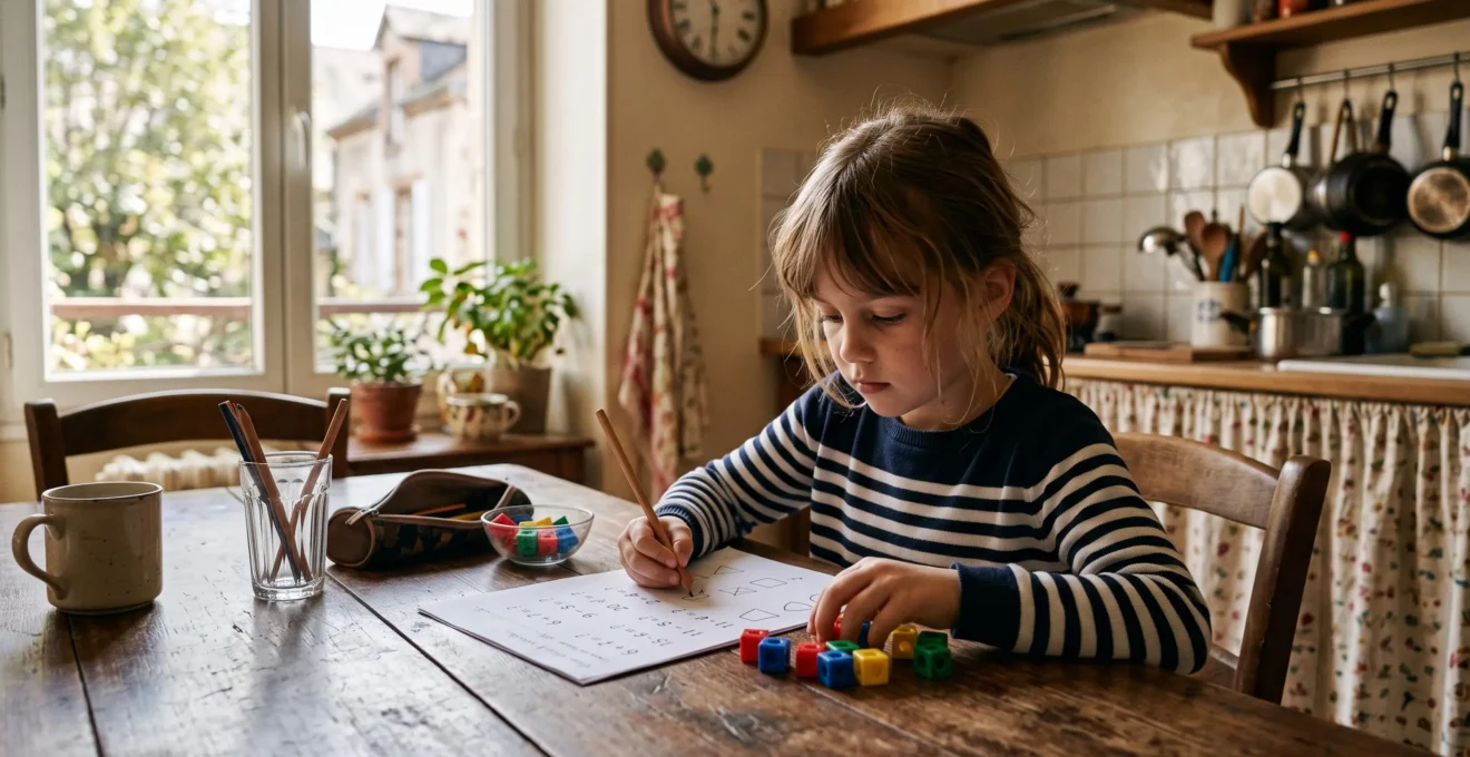 Enfant de primaire assis à une table de cuisine, concentré sur des exercices de mathématiques avec un crayon et des cubes de manipulation