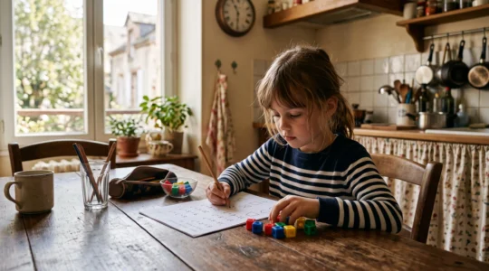 Enfant de primaire assis à une table de cuisine, concentré sur des exercices de mathématiques avec un crayon et des cubes de manipulation