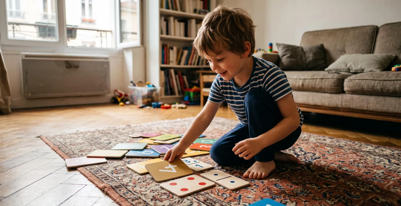 Jeune enfant à genoux sur le sol du salon, jouant avec un jeu éducatif de mathématiques composé de dominos ou cartes colorés avec des nombres