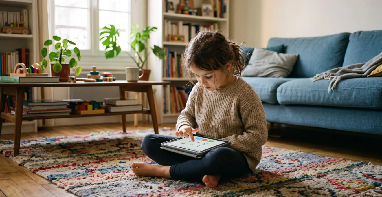 Enfant assis en tailleur sur un tapis de salon, utilisant une tablette tactile pour des exercices de mathématiques, doigt pointé sur l'écran