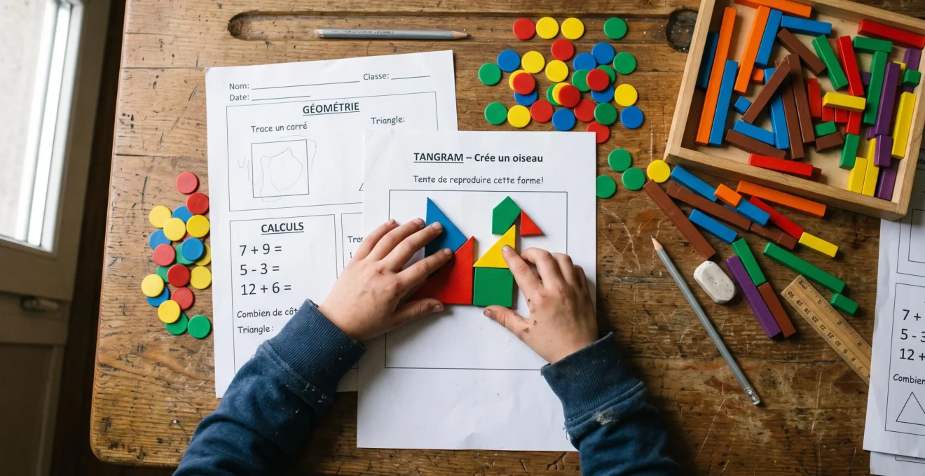 Vue du dessus d'une table avec différents supports d'exercices de mathématiques : fiches imprimées, jetons de comptage, réglettes et puzzle géométrique, mains d'enfant manipulant le matériel